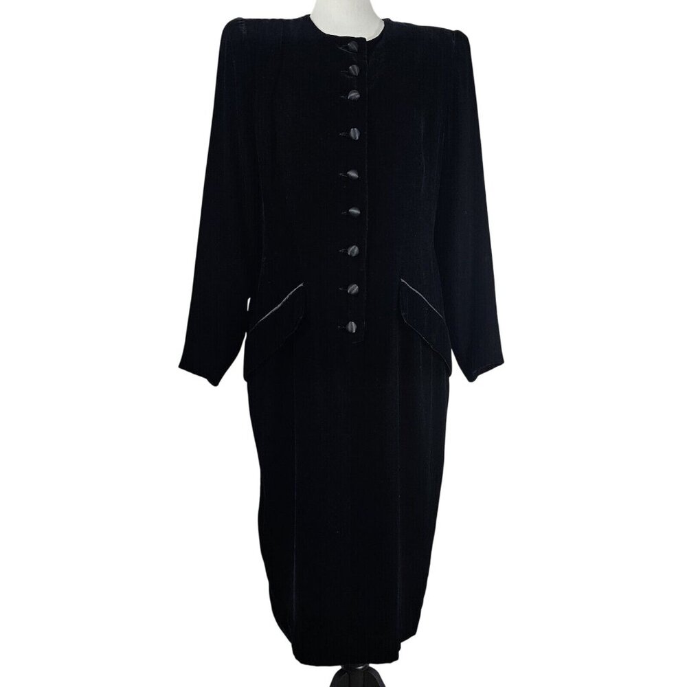 Vintage Christyne Forti Silk Blend Velvet Midi Dress 14 Black Formal Whimsigoth‎